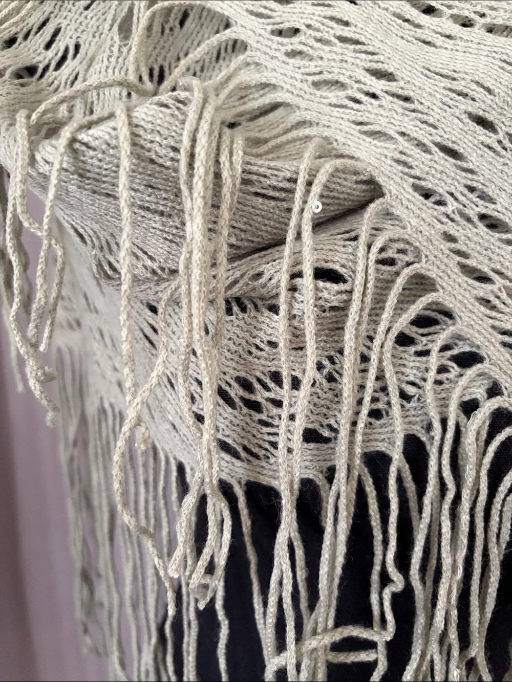 Light Olive Knit Fringe Wrap Shawl w/Light Sequin Embellishment